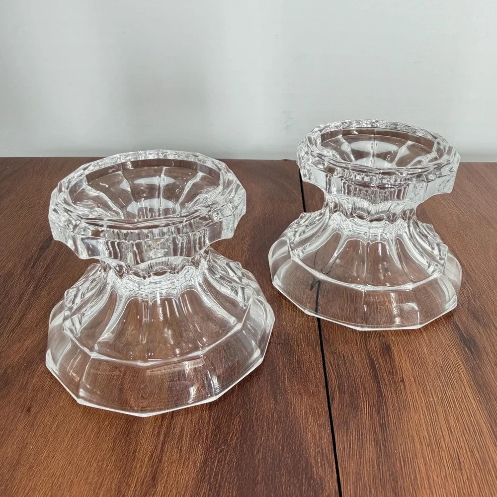 Crystal Candle Holders Pair Dual Taper & Pillar VTG 12-Sided Fluted Pedestal